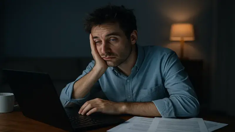 Falta de sono no cérebro: homem exausto ao laptop