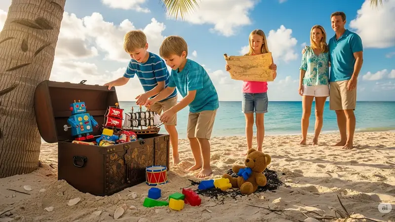 Brincadeiras que fortalecem o cérebro infantil: caça ao tesouro na praia com mapa, pais observando e pista aos pés do coqueiro