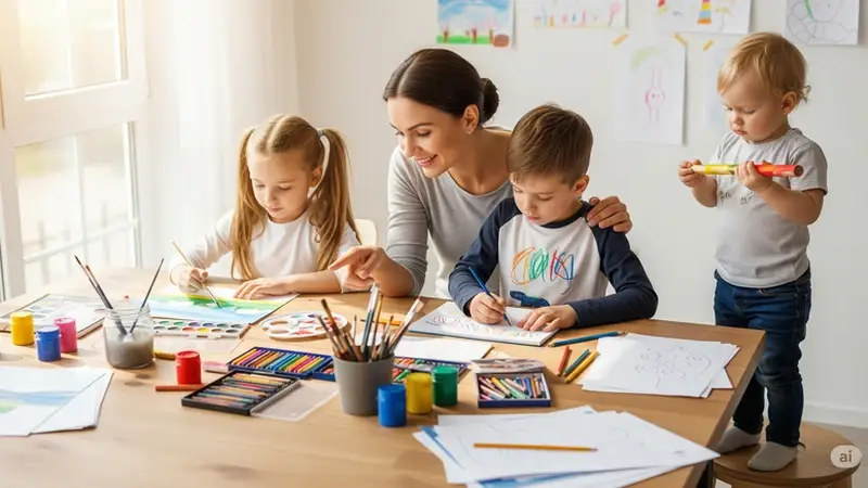 Brincadeiras que fortalecem o cérebro infantil: crianças pintando com mediação do adulto — coordenação fina, linguagem e planejamento