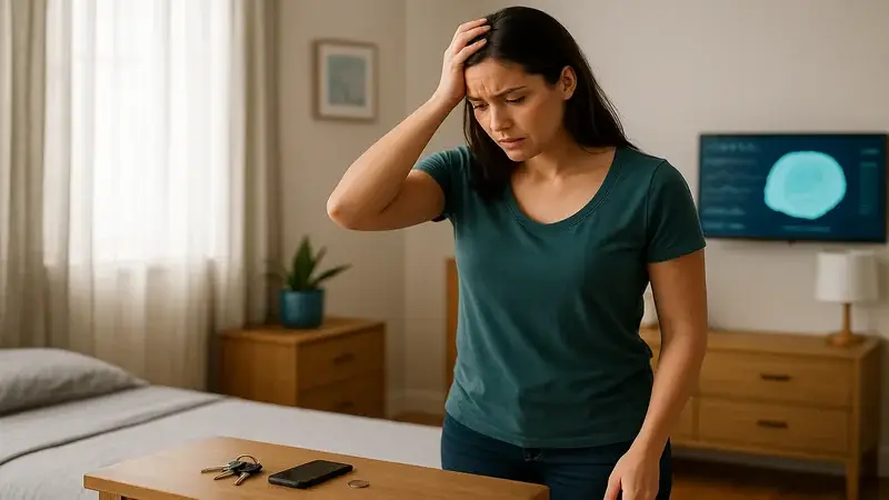 Mulher no quarto com a mão na cabeça procurando onde deixou um objeto