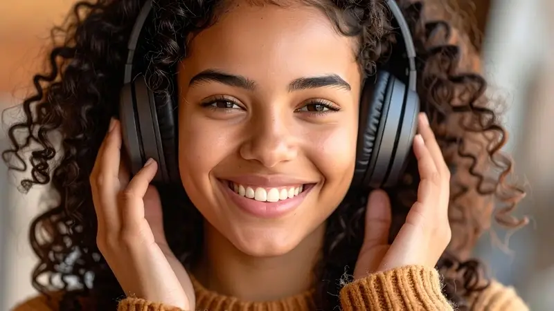 Música e emoções no cotidiano: menina com fones criando um ritual de início
