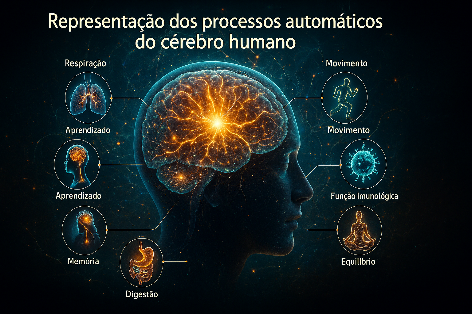 Representação dos processos automáticos do cérebro humano — fluxos de energia simbolizando respiração, batimentos cardíacos, reflexos, emoções e hábitos.