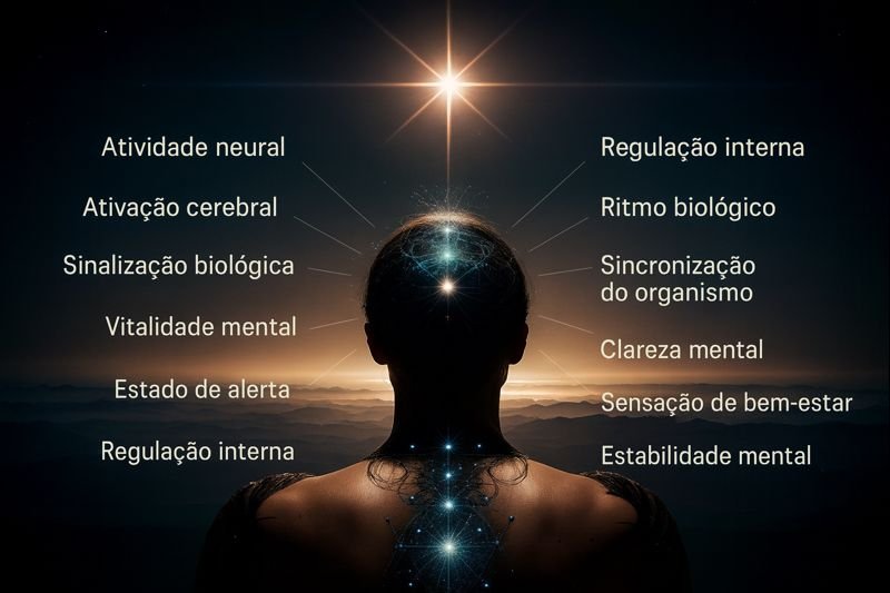 Diagrama visual mostrando a glândula pineal como ponto central de integração de ritmos biológicos e processos mentais.