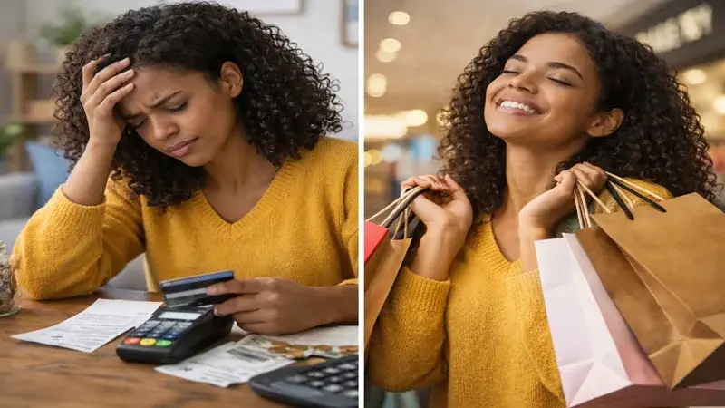 Representação da dor de pagar e do alívio emocional após a compra, ilustrando o conflito psicológico no comportamento financeiro