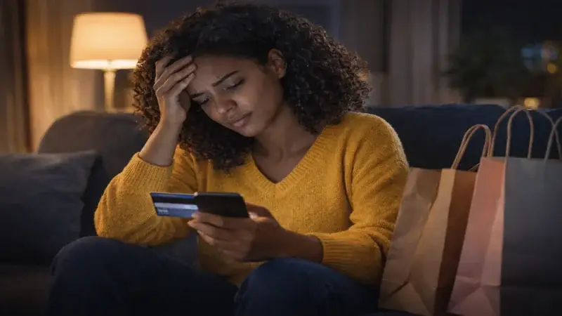 Pessoa analisando compras pelo celular à noite, ilustrando a fadiga decisória e a redução do autocontrole financeiro