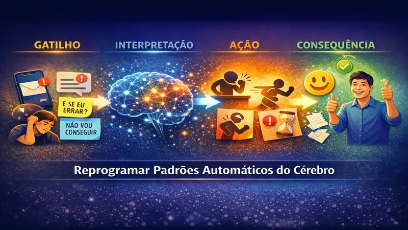 Ilustração mostrando a reprogramação de padrões automáticos: gatilho, interpretação, ação e consequência, com o cérebro retomando clareza e bem-estar