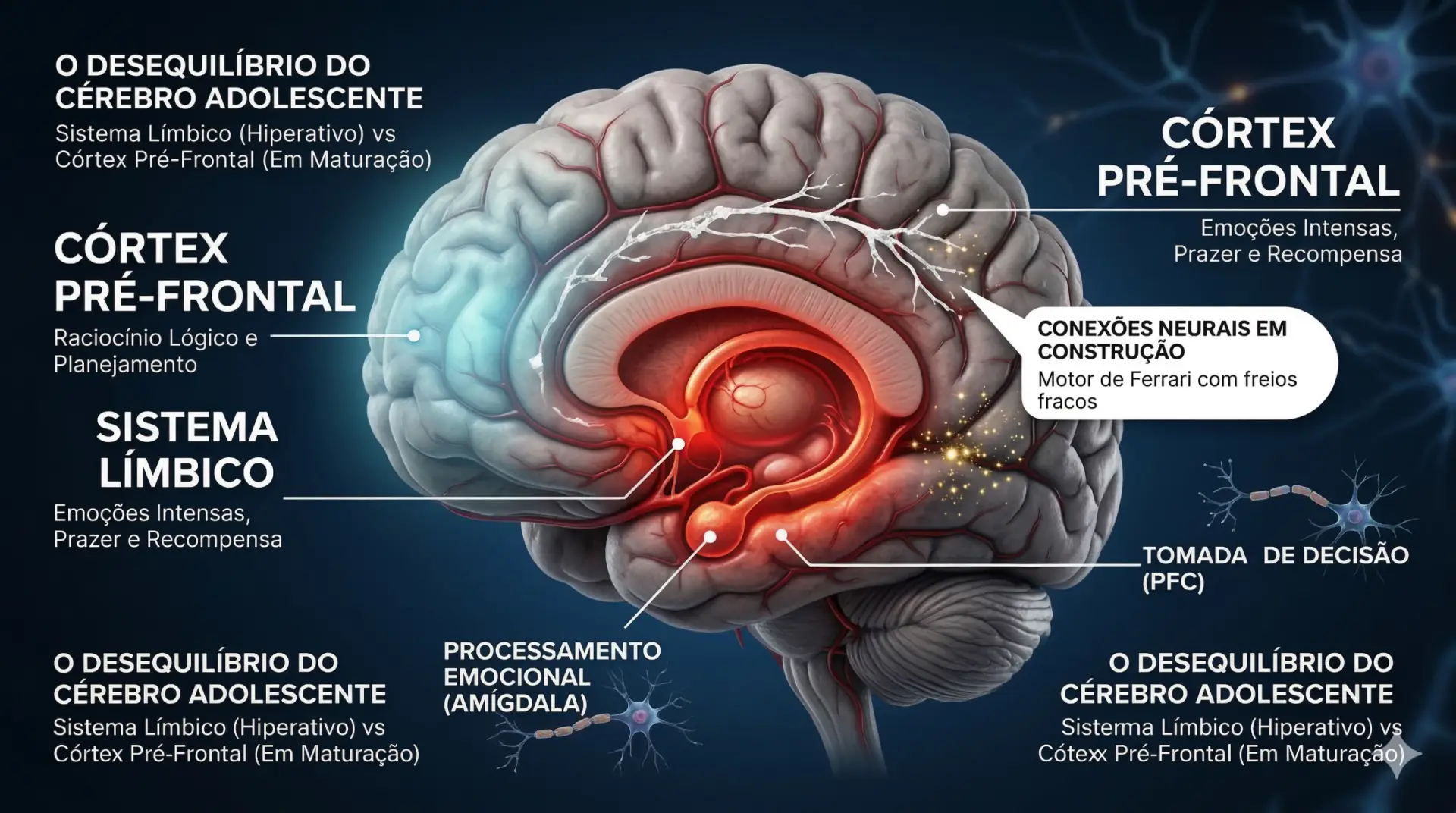 Anatomia do cérebro adolescente destacando regiões ligadas à emoção, decisão e controle