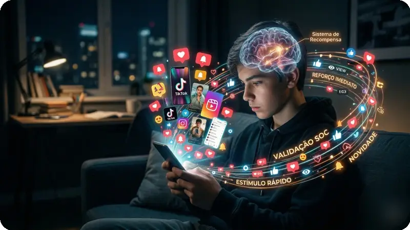 Cérebro Adolescente: O Guia Definitivo para Pais (Neurociência e Estudo de Caso) 2 Adolescente exposto a telas e estímulos digitais, representando os efeitos no cérebro em desenvolvimento