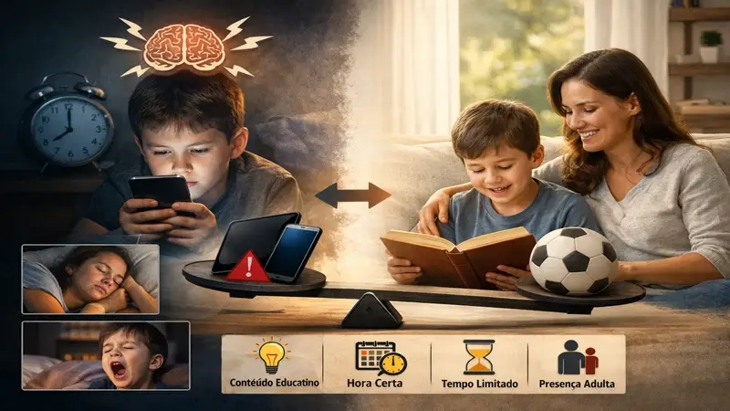 Alerta: tempo de tela — sinais e como reequilibrar com pausas, horário e presença do adulto.