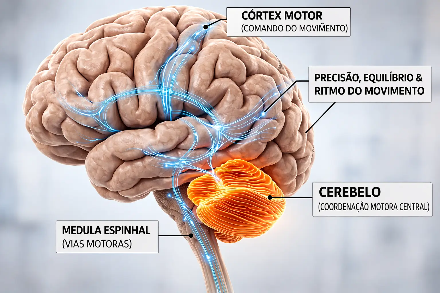Ilustração do cérebro destacando o cerebelo responsável pela precisão, equilíbrio e ritmo dos movimentos
