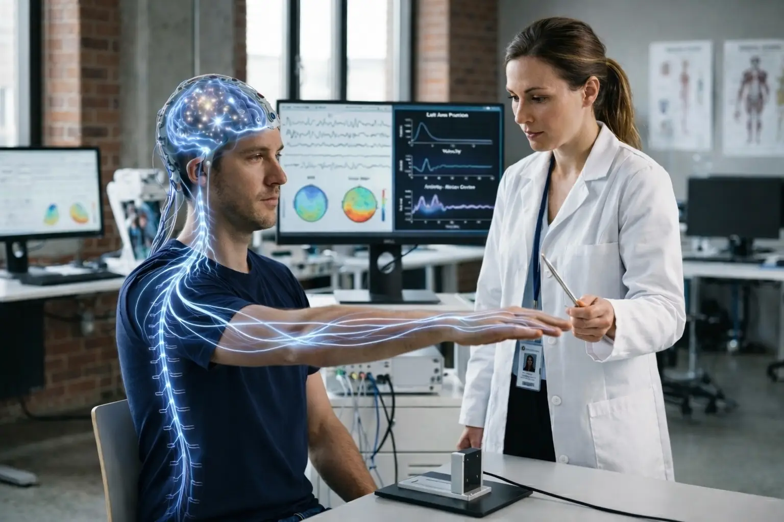 Teste de coordenação motora em laboratório de neurociência com atividade neural do cérebro até o braço