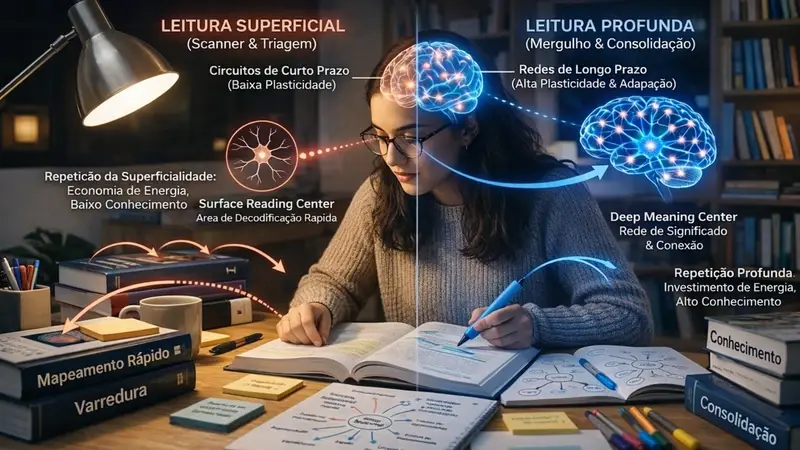 Diferença entre leitura superficial e leitura profunda na neurociência da leitura