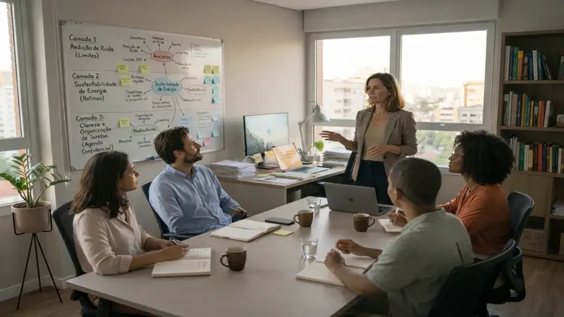 Reunião organizada com foco e clareza mental em ambiente de trabalho colaborativo