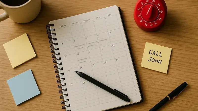 Mesa com planner, timer pomodoro e post-its simbolizando o ciclo da procrastinação